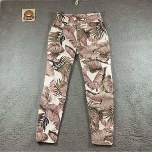 Lascana Pants Women's Skinny Leg Crop Tropical Floral White Pink Tan‎ Size 6 EUC